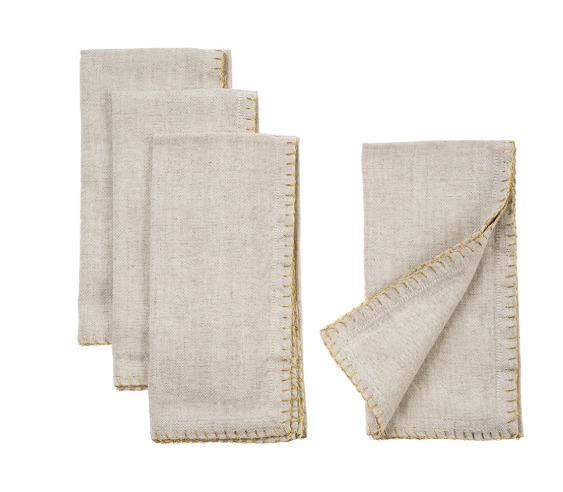 Gold Blanket Stitch Napkins ( Set of 4) - Linen Grey