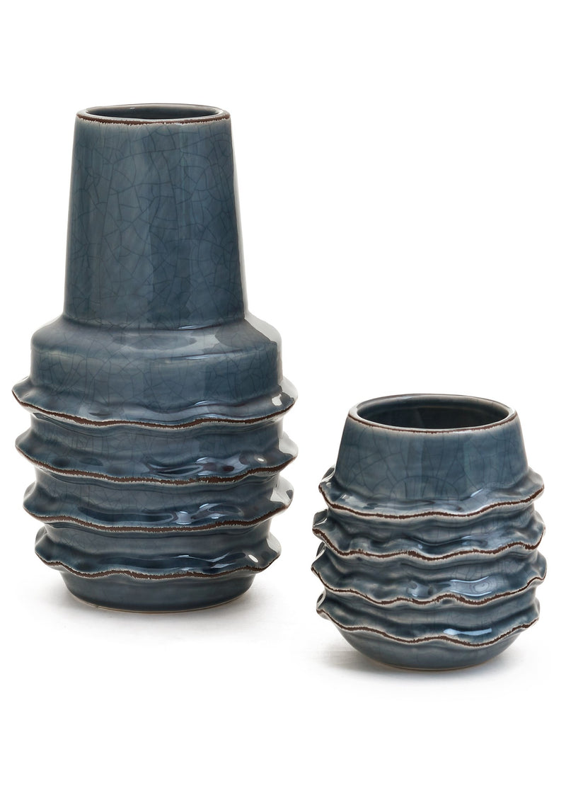Blue Ceramic Vase with Ruffles