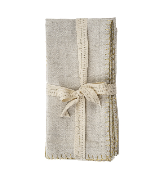 Gold Blanket Stitch Napkins ( Set of 4) - Linen Grey