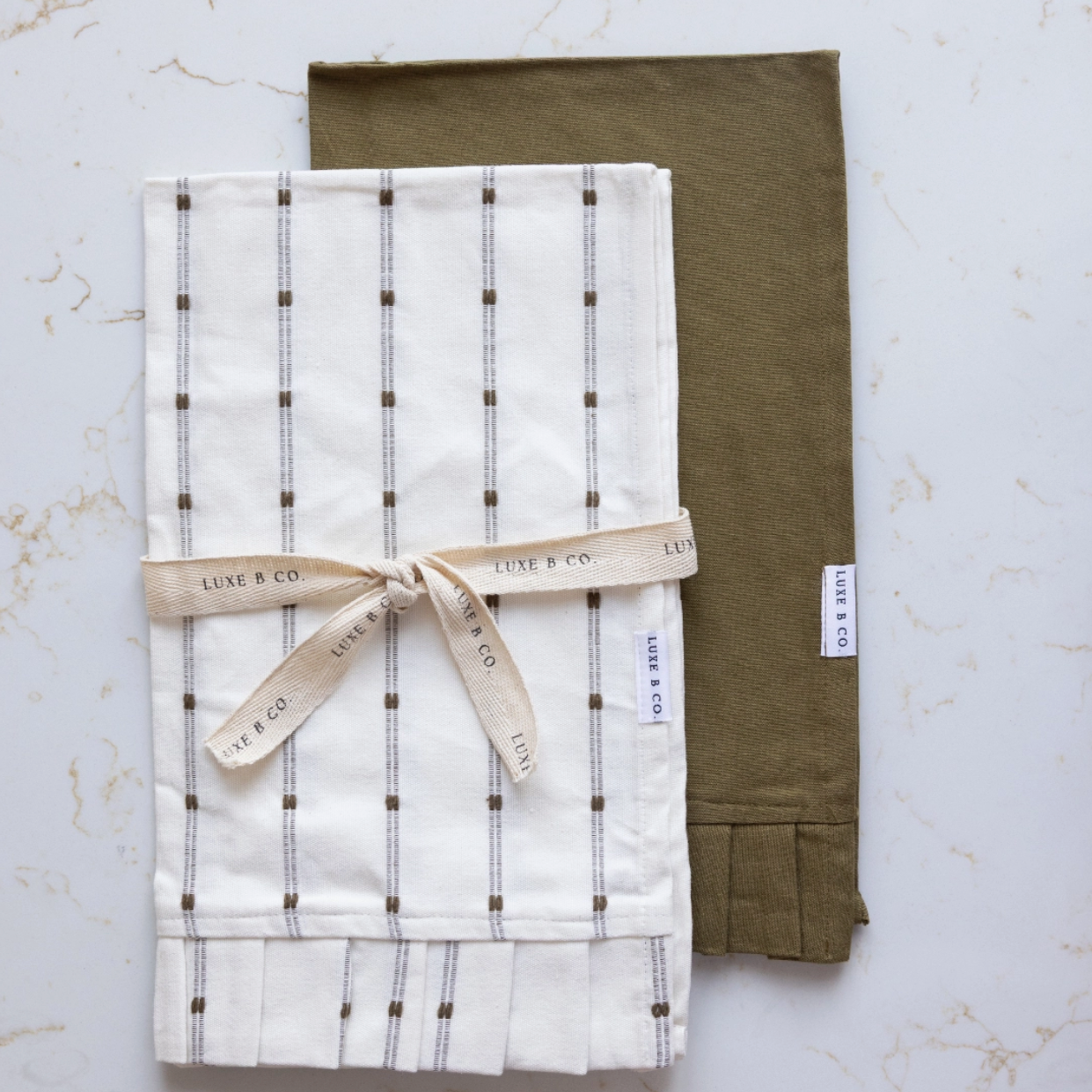 White Embroidery Olive Green Stripes Ruffle Kitchen Dish Towel