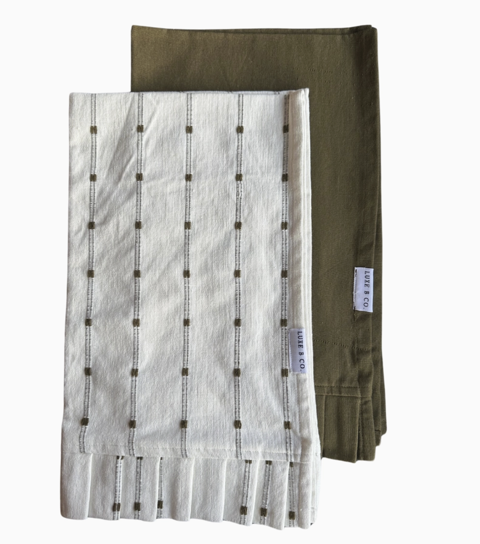 White Embroidery Olive Green Stripes Ruffle Kitchen Dish Towel