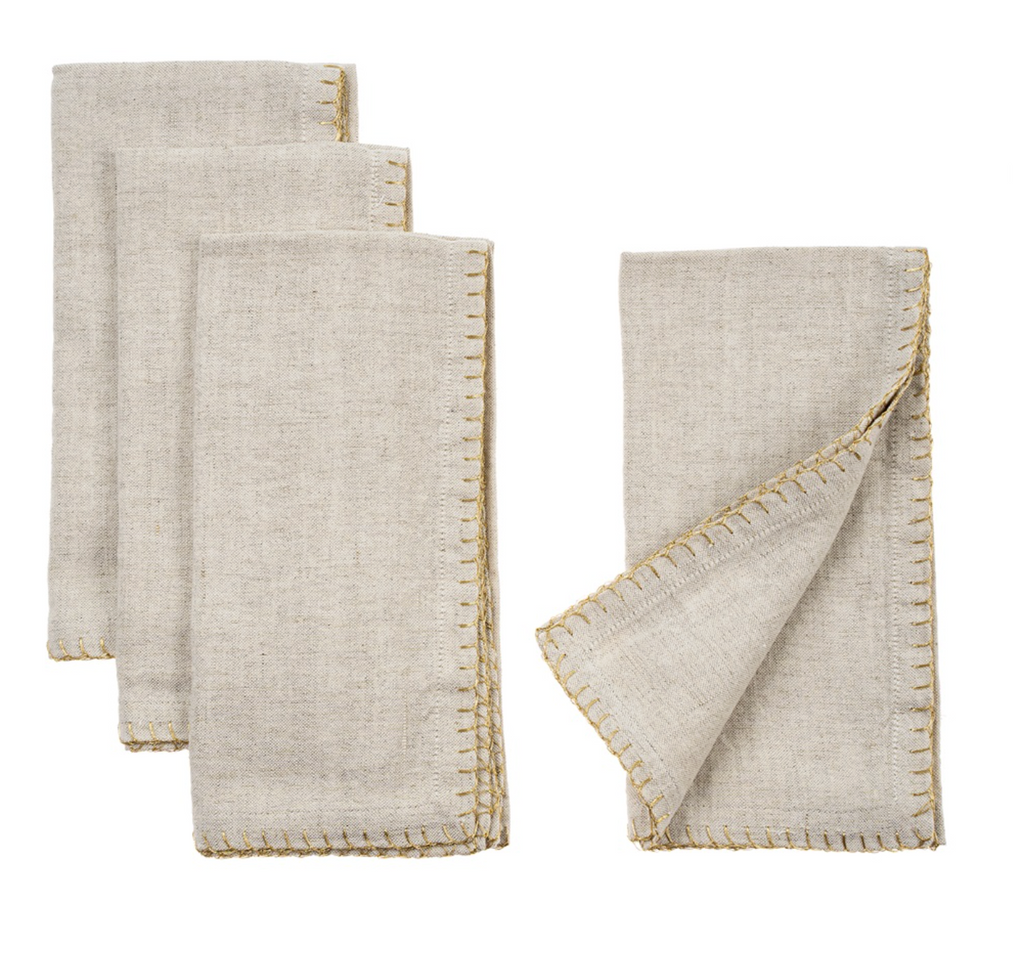 Gold Blanket Stitch Napkins S/4, Linen Grey