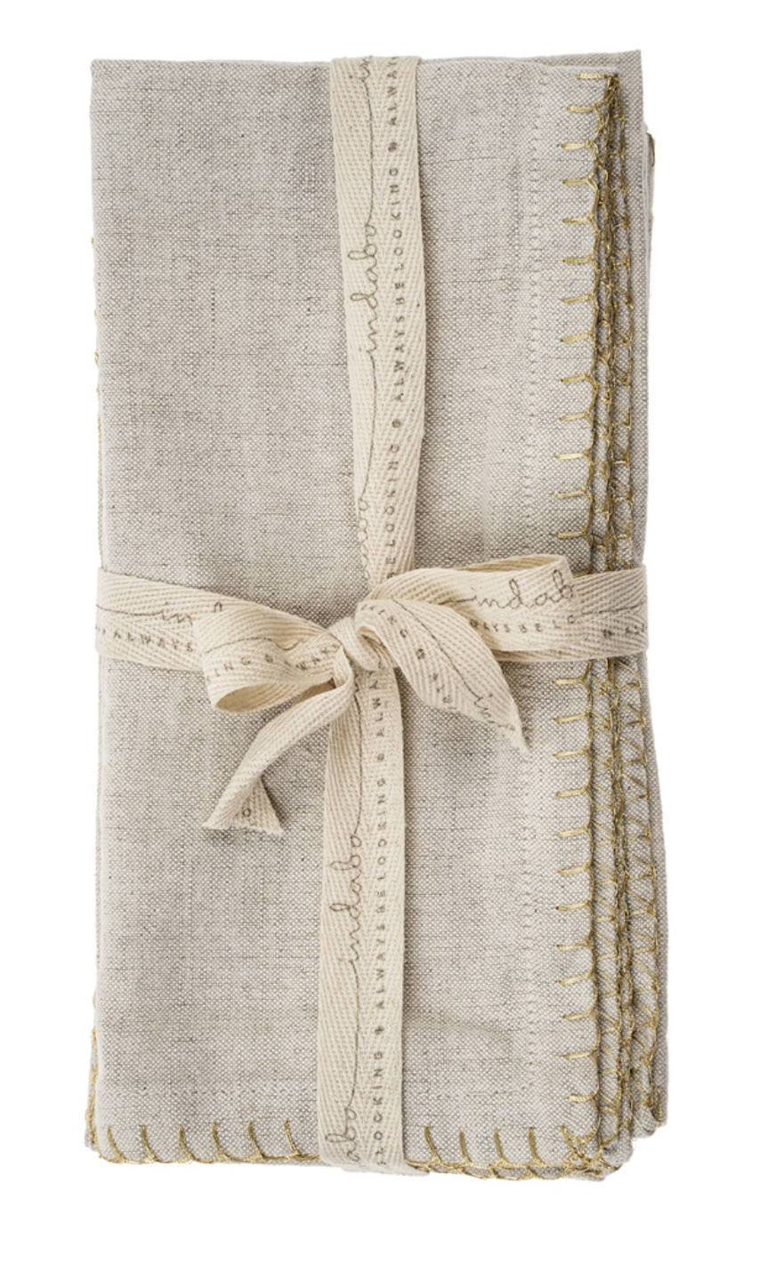 Gold Blanket Stitch Napkins S/4, Linen Grey