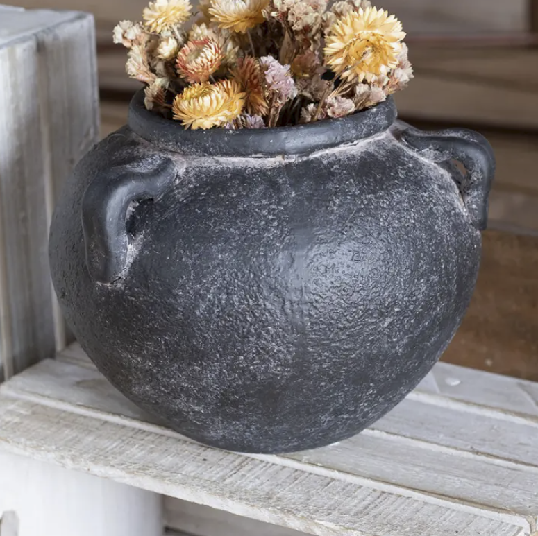 Black Low Round Terracotta Vase with Handles