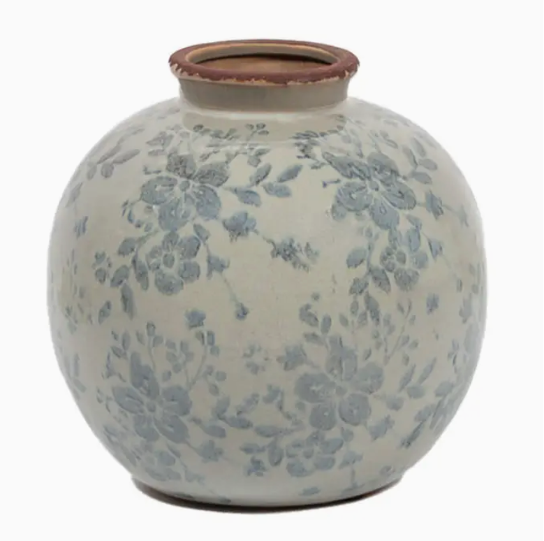 Round Vase with Blue Floral Pattern