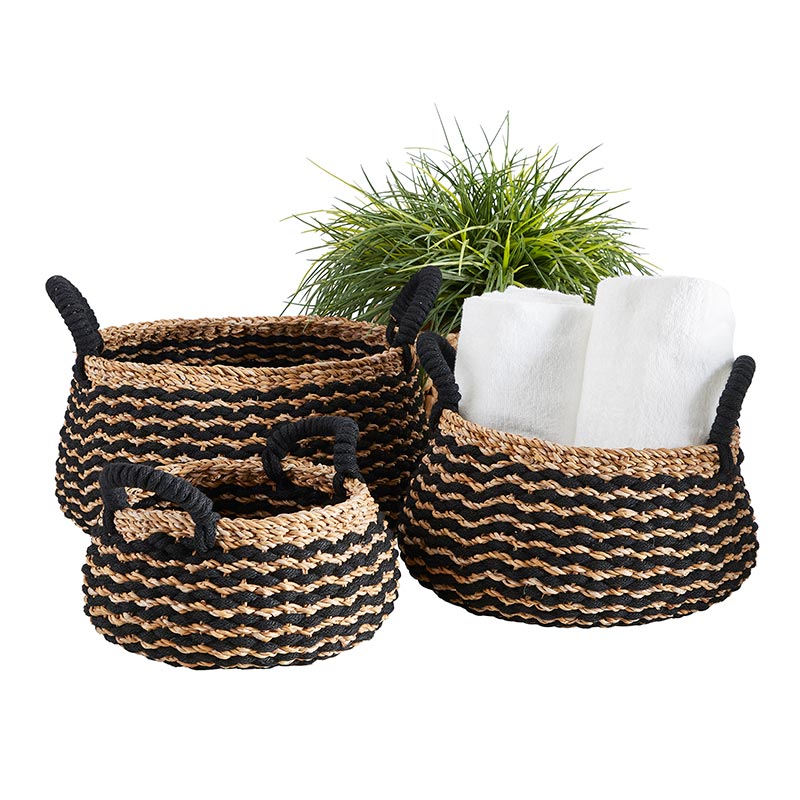 Black Stripe Round Basket with Handle - Multiple Sizes